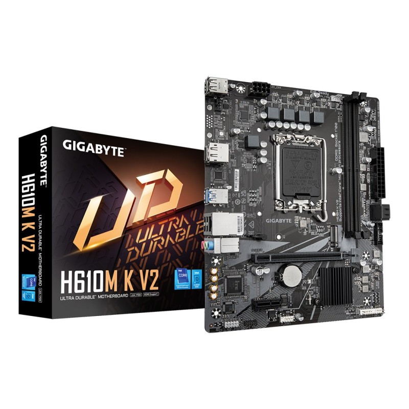 GIGABYTE H610M K V2 Motherboard - Intel Core 14th CPUs, up to 5600MHz DDR5, 1xPCIe 3.0 M.2, 1GbE LAN, USB 3.2 Gen 1 GIGABYTE H610M K V2 Motherboard - Intel Core 14th CPUs, up to 5600MHz DDR5, 1xPCIe 3.0 M.2, 1GbE LAN, USB 3.2 Gen 1