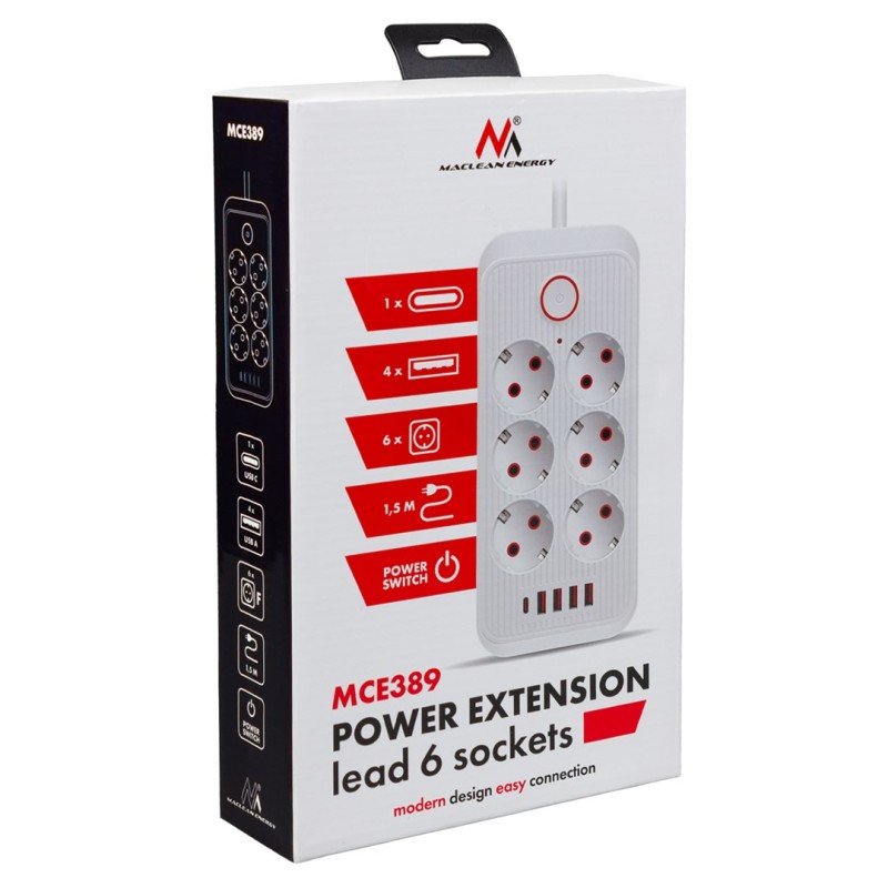 Maclean power strip, 6 socket extension + 4xUSB, 110-240V AC 50/60Hz, 2.1A max 2500W, 1.5 m, black, MCE389 B Maclean power strip, 6 socket extension + 4xUSB, 110-240V AC 50/60Hz, 2.1A max 2500W, 1.5 m, black, MCE389 B