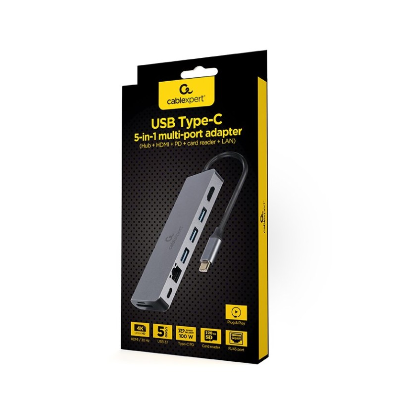 Gembird A-CM-COMBO5-05 USB Type-C 5-in-1 multi-port adapter (Hub + HDMI + PD + card reader + LAN) Gembird A-CM-COMBO5-05 USB Type-C 5-in-1 multi-port adapter (Hub + HDMI + PD + card reader + LAN)