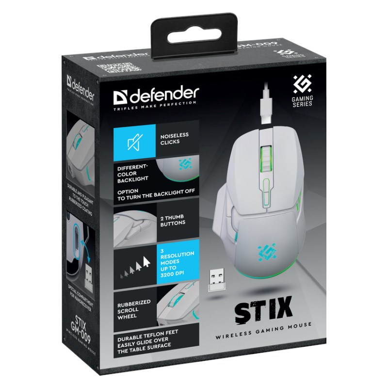 WIRELESS MOUSE DEFENDER STIX GM-009 RF WHITE 3200dpi 7P
