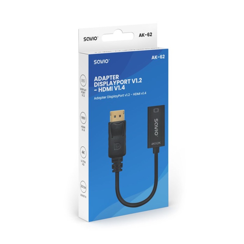 Adapter Savio DisplayPort (M) v1.2 - HDMI A (F) v1.4, 4K, AK-62 Adapter Savio DisplayPort (M) v1.2 - HDMI A (F) v1.4, 4K, AK-62