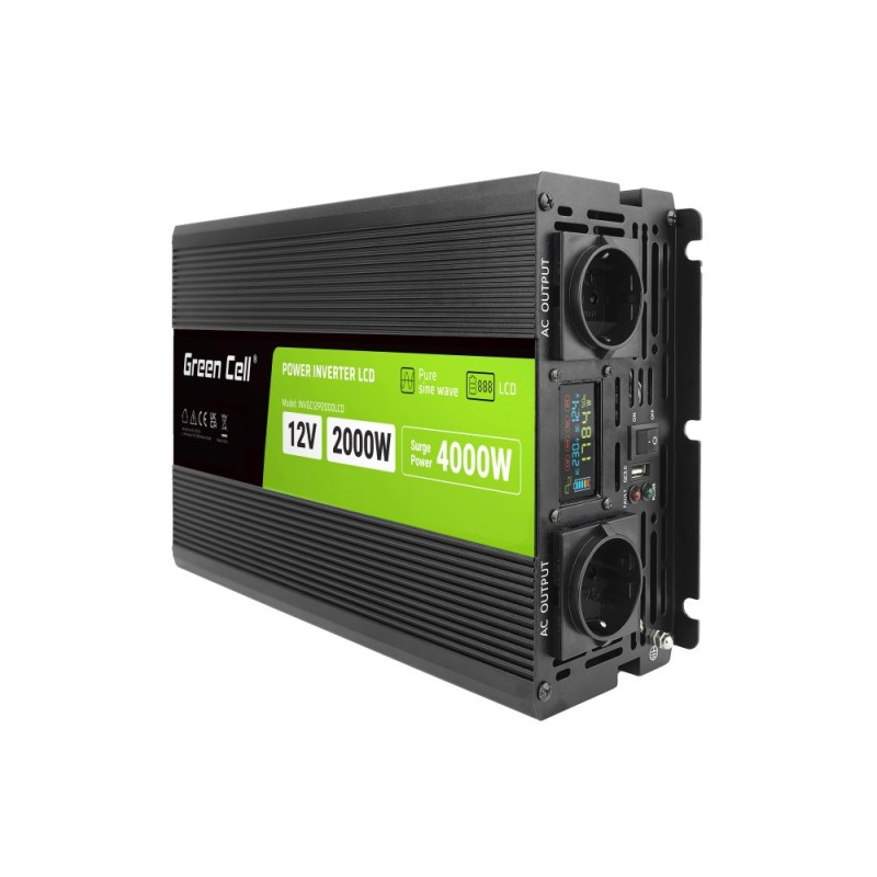 Green Cell PowerInverter LCD 12V to 230V 2000W/40000W car inverter with LCD display - pure sine wave Green Cell PowerInverter LCD 12V to 230V 2000W/40000W car inverter with LCD display - pure sine wave