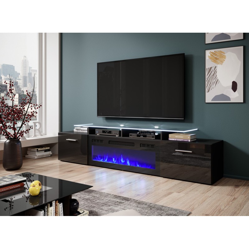 RTV cabinet ROVA with electric fireplace 190x37x48 cm black/black gloss RTV cabinet ROVA with electric fireplace 190x37x48 cm black/black gloss