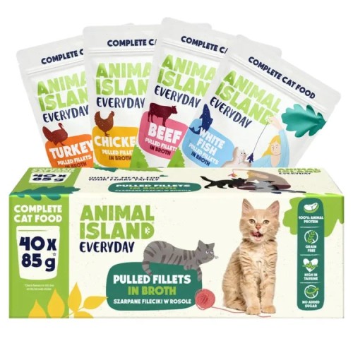 ANIMAL ISLAND Everyday Beef, chicken, turkey and white fish fillets in broth - wet cat food - 40 x 85g ANIMAL ISLAND Everyday Beef, chicken, turkey and white fish fillets in broth - wet cat food - 40 x 85g