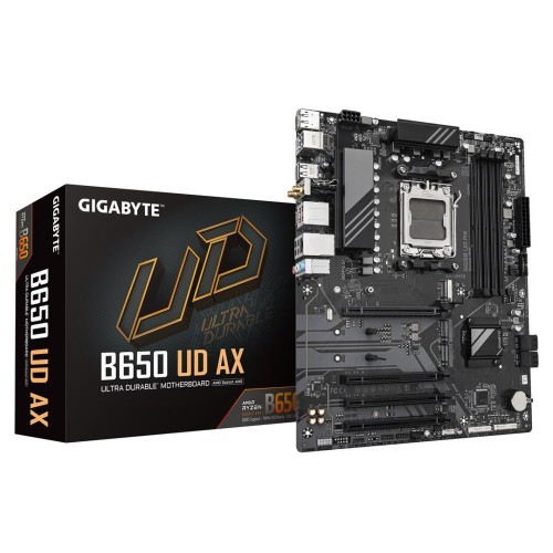 GIGABYTE B650 UD AX Motherboard - AMD Ryzen 9000 Series CPUs, 6+2+2 Phases VRM, up to 7600MHz DDR5 (OC), 1xPCIe 5.0 + 2xPCIe 4.0 M.2, GbE LAN, WIFI 6, USB 3.2 Gen 2 GIGABYTE B650 UD AX Motherboard - AMD Ryzen 9000 Series CPUs, 6+2+2 Phases VRM, up to 7600MHz DDR5 (OC), 1xPCIe 5.0 + 2xPCIe 4.0 M.2, GbE LAN, WIFI 6, USB 3.2 Gen 2