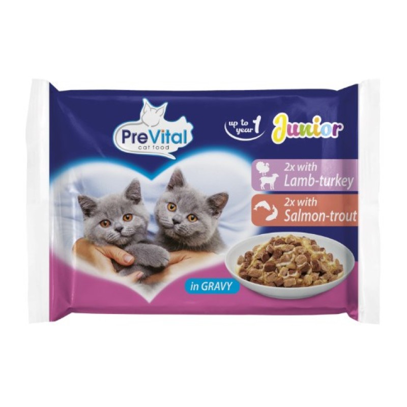 PREVITAL Cat Food Junior Mix Flavors with Lamb, Turkey, Salmon, Trout in Gravy – wet cat food – 4 x 100 g