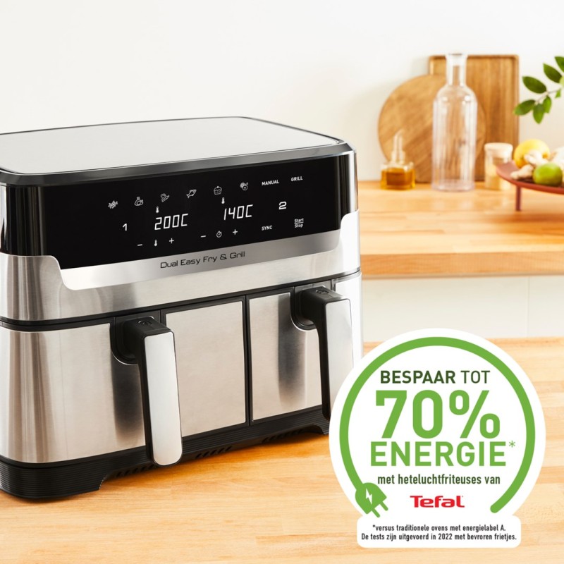 Tefal Dual Easy Fry & Grill EY905D Double 8.3 L Stand-alone 2700 W Hot air fryer Stainless steel Tefal Dual Easy Fry & Grill EY905D Double 8.3 L Stand-alone 2700 W Hot air fryer Stainless steel