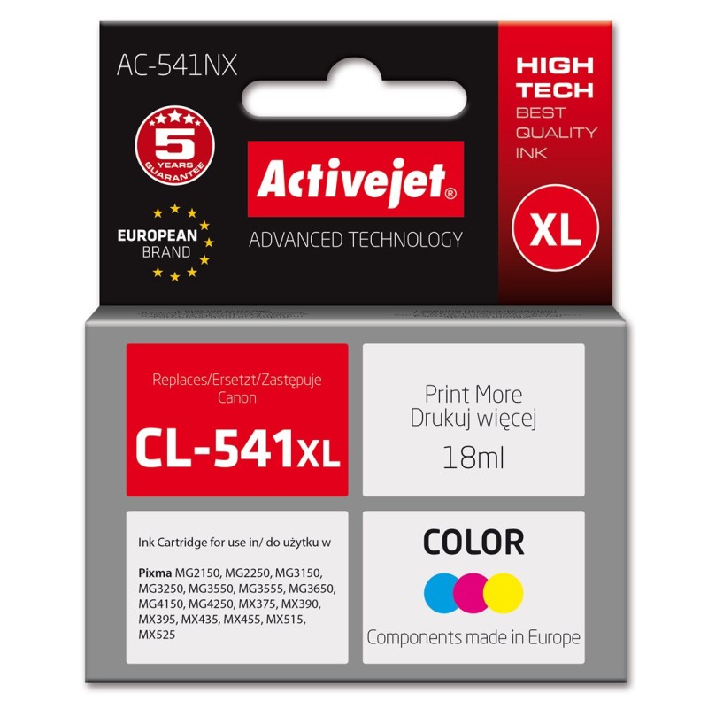 Activejet AC-541NX ink for Canon printer (replacement Canon CL-541XL) Supreme, 18 ml, blue, yellow, red Activejet AC-541NX ink for Canon printer (replacement Canon CL-541XL) Supreme, 18 ml, blue, yellow, red