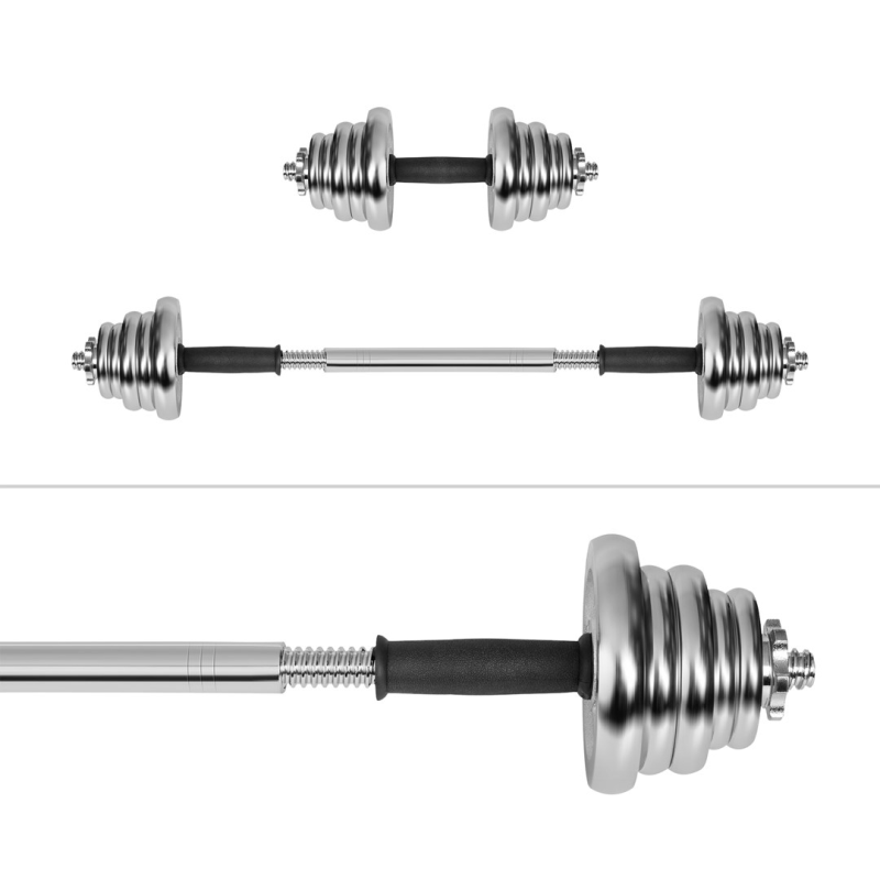 REBEL ACTIVE Chrome Adjustable Dumbbells in a Case 20 kg with Barbell