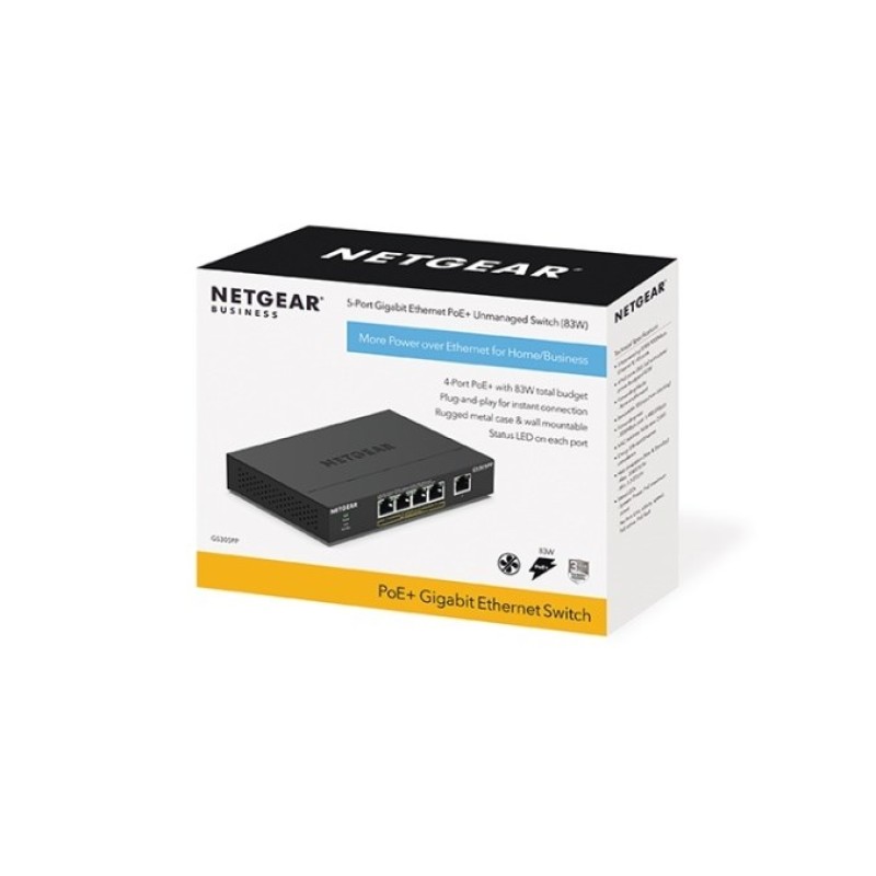 NETGEAR GS305PP Unmanaged Gigabit Ethernet (10/100/1000) Power over Ethernet (PoE) Black NETGEAR GS305PP Unmanaged Gigabit Ethernet (10/100/1000) Power over Ethernet (PoE) Black