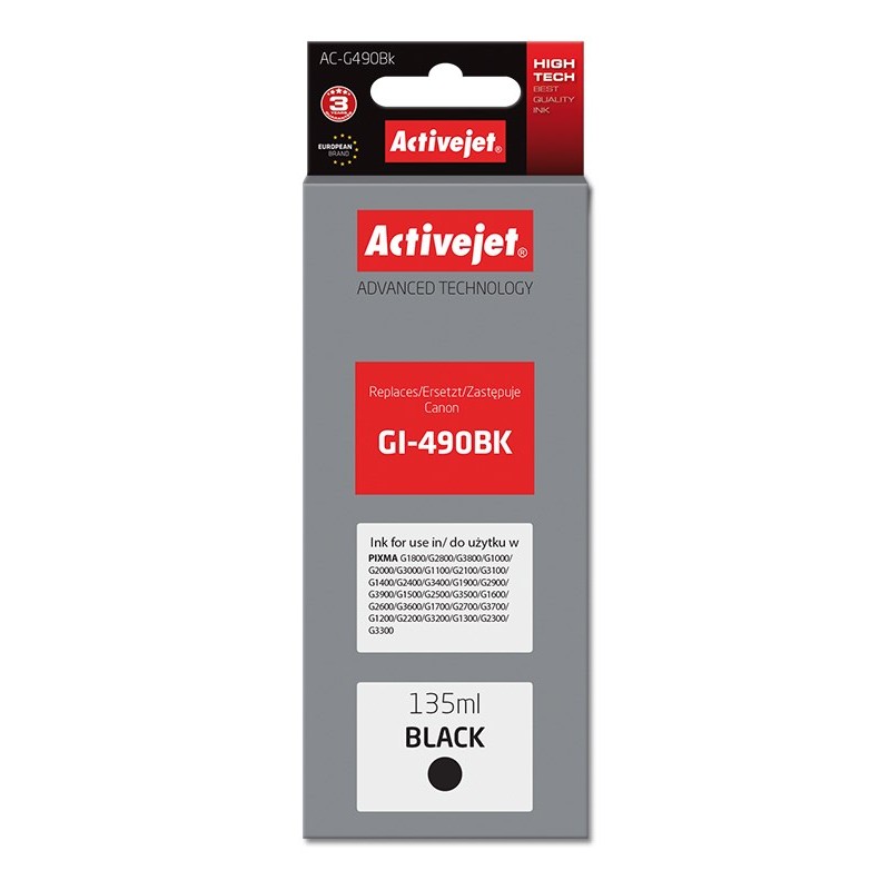 Activejet AC-G490Bk Ink cartridge (replacement for Canon GI-490BK; Supreme; 135 ml; 6000 pages, black)