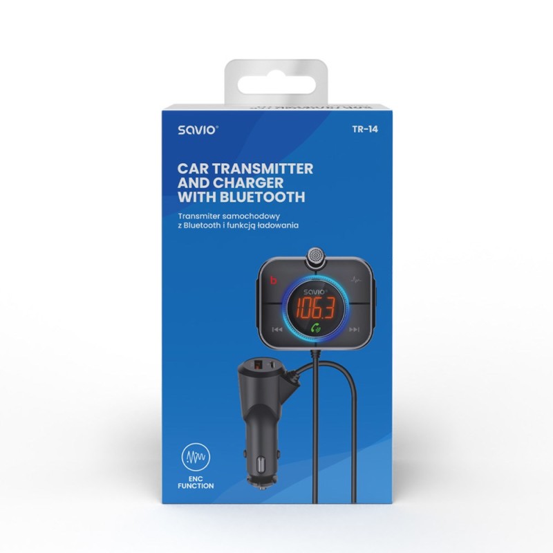 SAVIO FM transmitter, Bluetooth 5.0, QC/PD 3.0 charger, ENC, AUX OUT, Micro SD, TR-14, black SAVIO FM transmitter, Bluetooth 5.0, QC/PD 3.0 charger, ENC, AUX OUT, Micro SD, TR-14, black