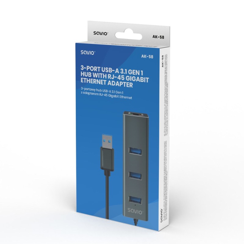 Savio AK-57 USB-A - 3 x USB-A HUB with RJ-45 Gigabit Ethernet adapter 5000 Mbit/s grey USB 3.2 Gen 1 (3.1 Gen 1) Micro-B 5000 Mbit/s Savio AK-57 USB-A - 3 x USB-A HUB with RJ-45 Gigabit Ethernet adapter 5000 Mbit/s grey USB 3.2 Gen 1 (3.1 Gen 1) Micro-B 5000 Mbit/s
