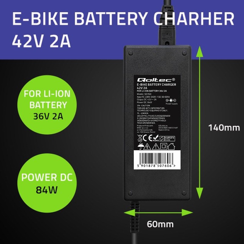 Qoltec 50760 Charger for e-bike batteries 36V | 42V | 2A | 5.5*2.1 Qoltec 50760 Charger for e-bike batteries 36V | 42V | 2A | 5.5*2.1