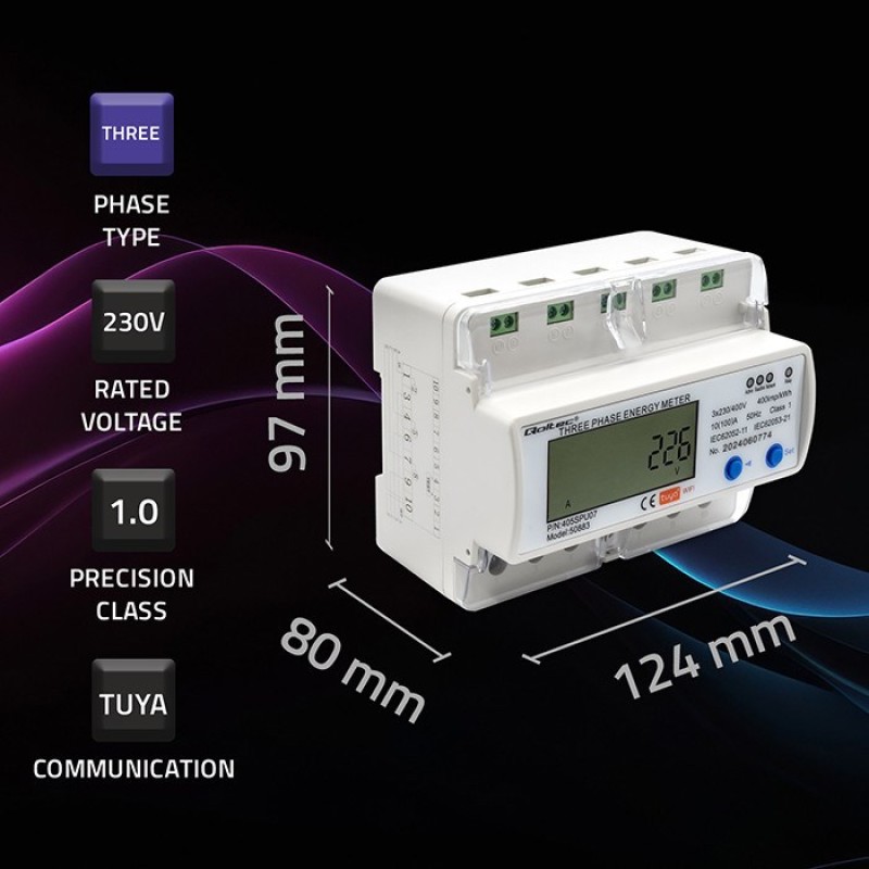 Qoltec 50883 Three phase electronic energy consumption meter for DIN rail | Wi-Fi | TUYA | 400V | LCD Qoltec 50883 Three phase electronic energy consumption meter for DIN rail | Wi-Fi | TUYA | 400V | LCD