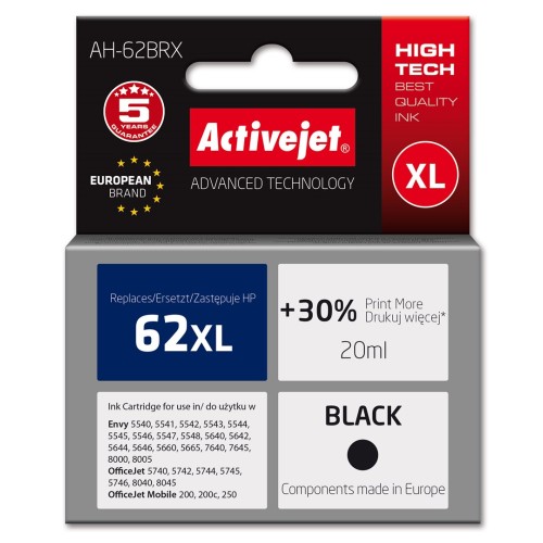 Activejet AH-62BRX ink (replacement for HP 62XL C2P05AE; Premium; 20 ml; black) Activejet AH-62BRX ink (replacement for HP 62XL C2P05AE; Premium; 20 ml; black)
