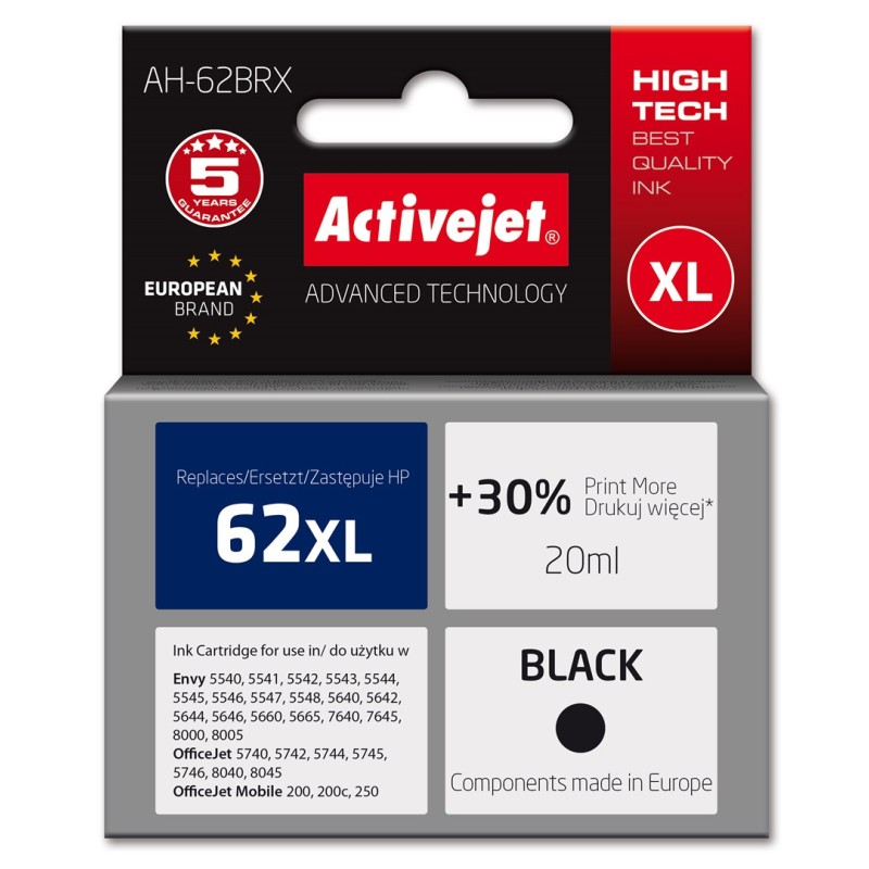Activejet AH-62BRX ink (replacement for HP 62XL C2P05AE; Premium; 20 ml; black) Activejet AH-62BRX ink (replacement for HP 62XL C2P05AE; Premium; 20 ml; black)