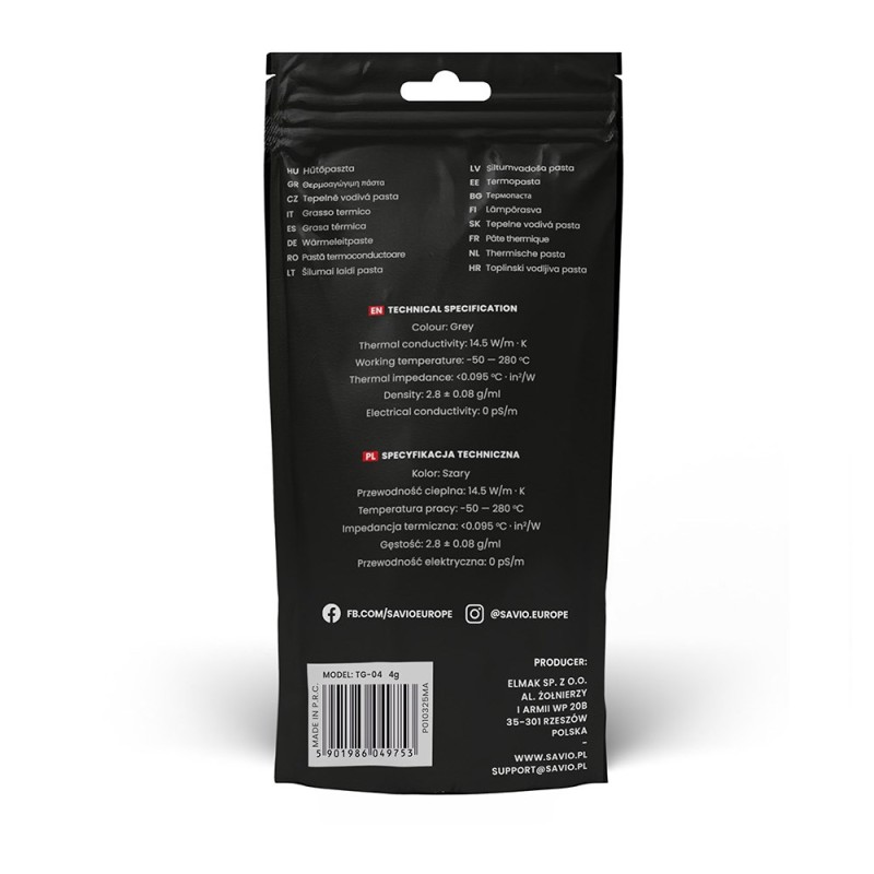 Savio TG-04 4g heat sink compound Thermal paste 14.5 W/m·K Savio TG-04 4g heat sink compound Thermal paste 14.5 W/m·K