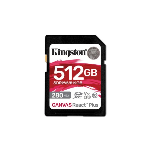 Kingston Technology 512GB Canvas React Plus SDXC UHS-II 280R/150W U3 V60 for Full HD/4K Kingston Technology 512GB Canvas React Plus SDXC UHS-II 280R/150W U3 V60 for Full HD/4K