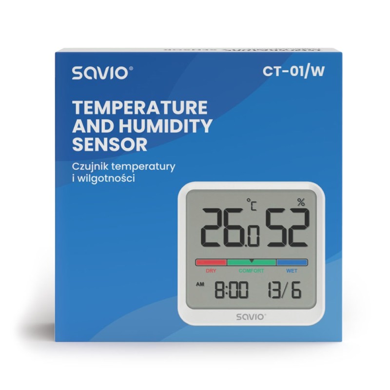 SAVIO Wireless weather station, temperature and humidity sensor, for indoor use, LCD screen, clock, date, handle with magnet, CT-01/W White SAVIO Wireless weather station, temperature and humidity sensor, for indoor use, LCD screen, clock, date, handle with magnet, CT-01/W White