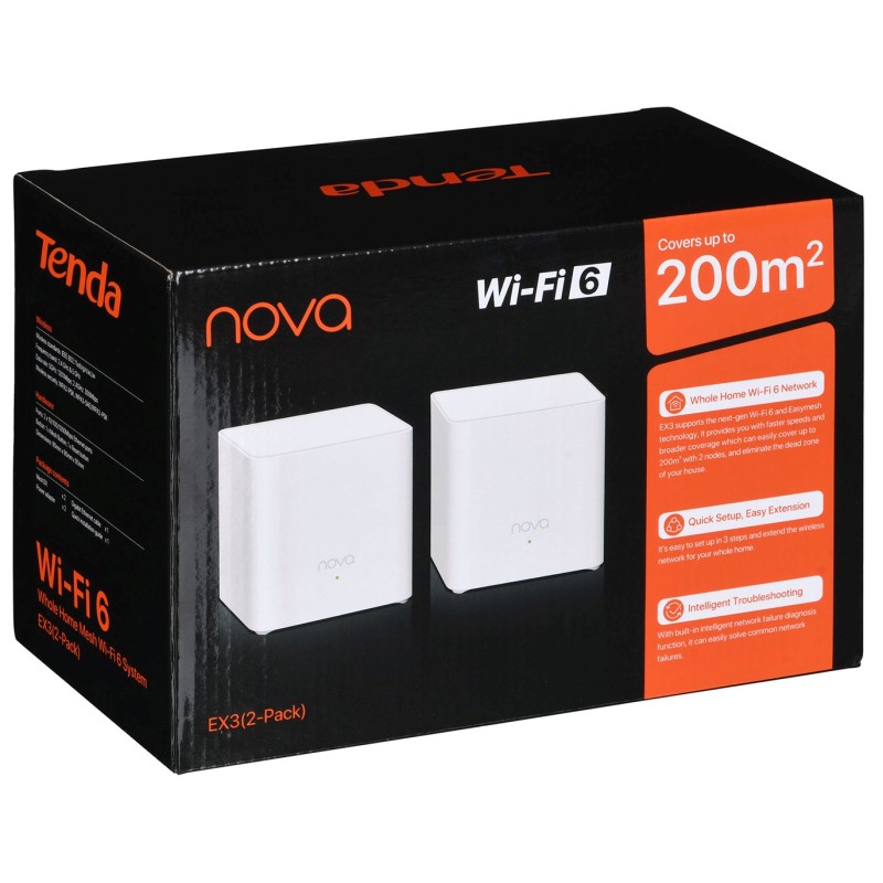 Tenda EX3 (2-pack) Dual-band (2.4 GHz / 5 GHz) Wi-Fi 6 (802.11ax) White 1 Internal Tenda EX3 (2-pack) Dual-band (2.4 GHz / 5 GHz) Wi-Fi 6 (802.11ax) White 1 Internal