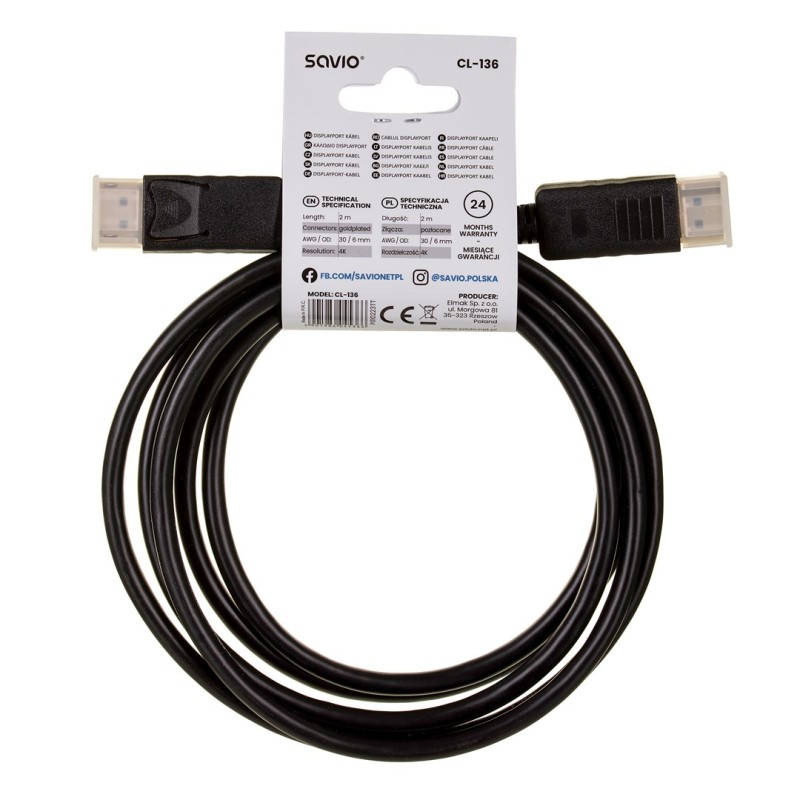 Savio CL-136 DisplayPort cable 2 m Black Savio CL-136 DisplayPort cable 2 m Black