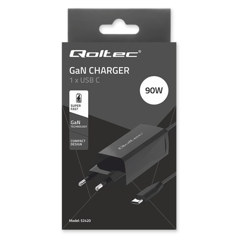 Qoltec 52420 90W GaN Super Fast Charger| 5-20V | 3-4.5A | USB-C 3.1 Qoltec 52420 90W GaN Super Fast Charger| 5-20V | 3-4.5A | USB-C 3.1