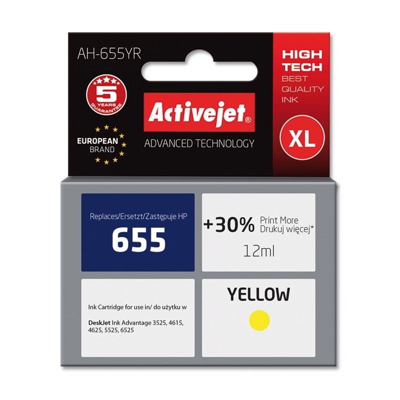 Activejet AH-655YR ink (replacement for HP 655 CZ112AE; Premium; 12 ml; yellow)