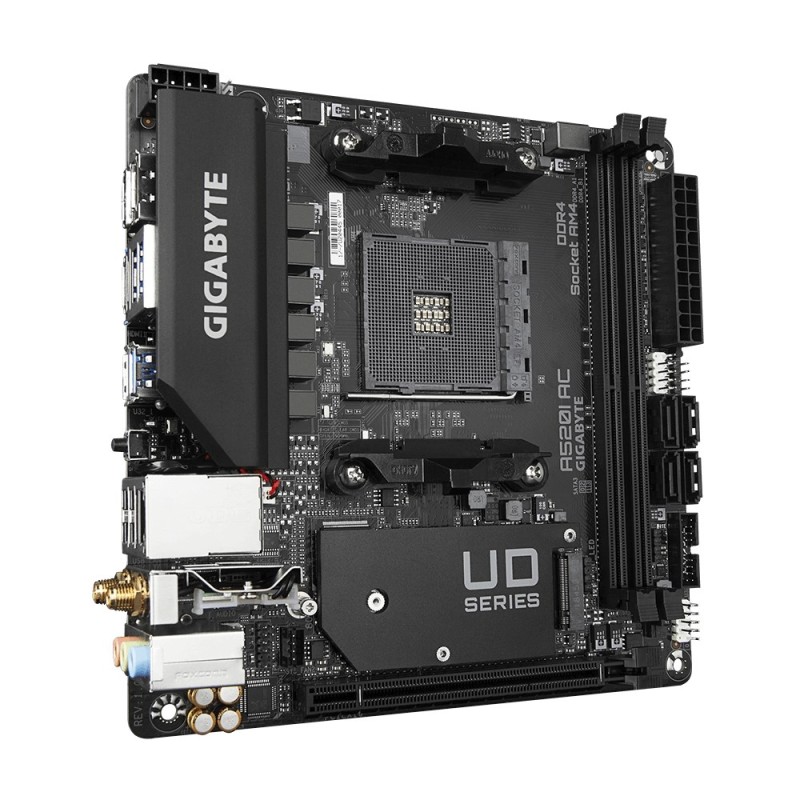 GIGABYTE A520I AC Motherboard - Supports AMD Ryzen 5000 Series AM4 CPUs, 6 Phases Digital VRM, up to 5300MHz DDR4 (OC), 1xPCIe 3.0 M.2, WIFI, GbE LAN, USB 3.2 Gen1 GIGABYTE A520I AC Motherboard - Supports AMD Ryzen 5000 Series AM4 CPUs, 6 Phases Digital VRM, up to 5300MHz DDR4 (OC), 1xPCIe 3.0 M.2, WIFI, GbE LAN, USB 3.2 Gen1