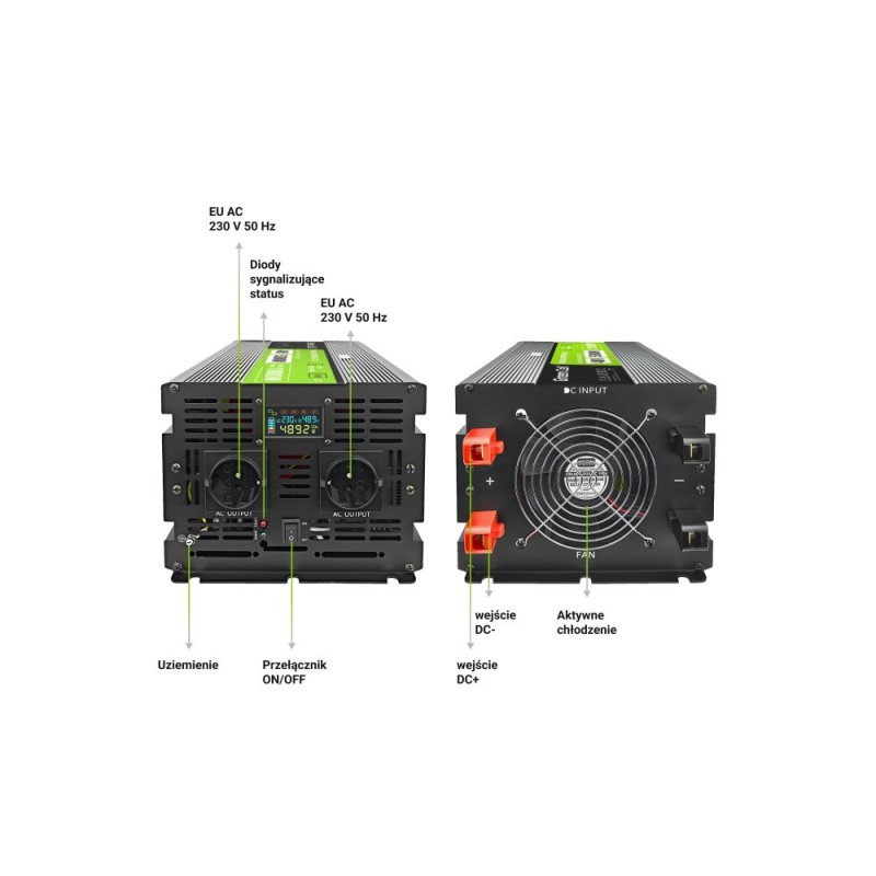 Green Cell Przetwornica napicia PowerInverter LCD 48 V 5000W/10000W Przetwornica samochodowa z wywietlaczem - czysty sinus 10 kVA Black Green Cell Przetwornica napicia PowerInverter LCD 48 V 5000W/10000W Przetwornica samochodowa z wywietlaczem - czysty sinus 10 kVA Black