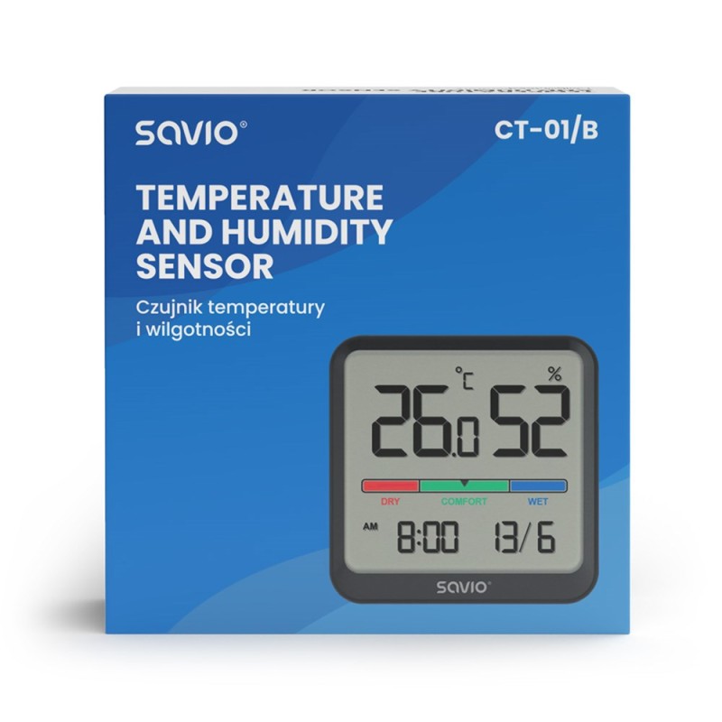 SAVIO Wireless weather station, temperature and humidity sensor, indoor use, LCD screen, clock, date, handle with magnet, CT-01/B Black SAVIO Wireless weather station, temperature and humidity sensor, indoor use, LCD screen, clock, date, handle with magnet, CT-01/B Black