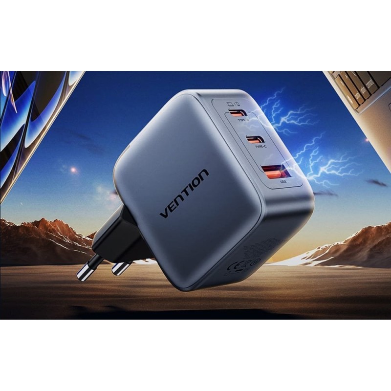 Vention 70W GaN PD Charger 1x USB-A 2x USB-C BK