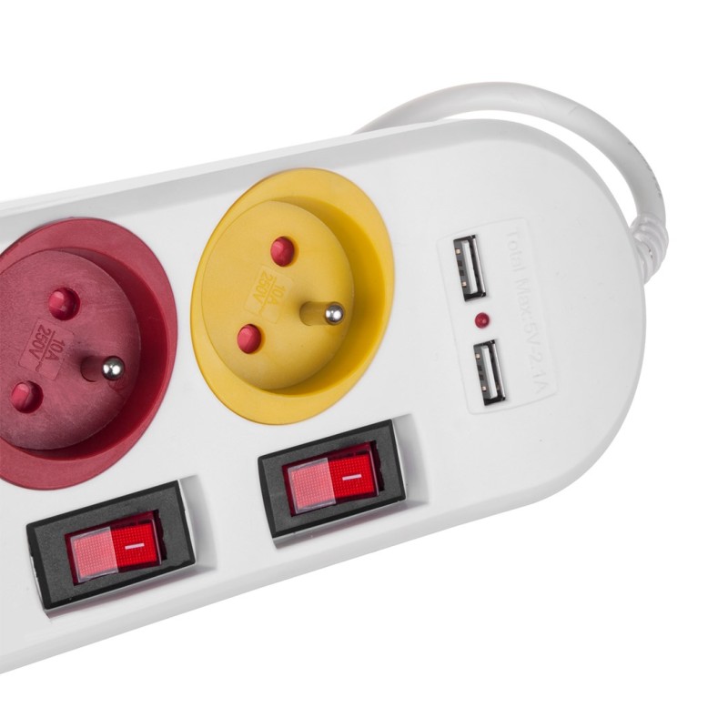 Maclean power strip, extender 4 sockets + 2xUSB, with switches, 250VAC/10A, 2.1A 5V, 1.5m, white, MCE229 W Maclean power strip, extender 4 sockets + 2xUSB, with switches, 250VAC/10A, 2.1A 5V, 1.5m, white, MCE229 W