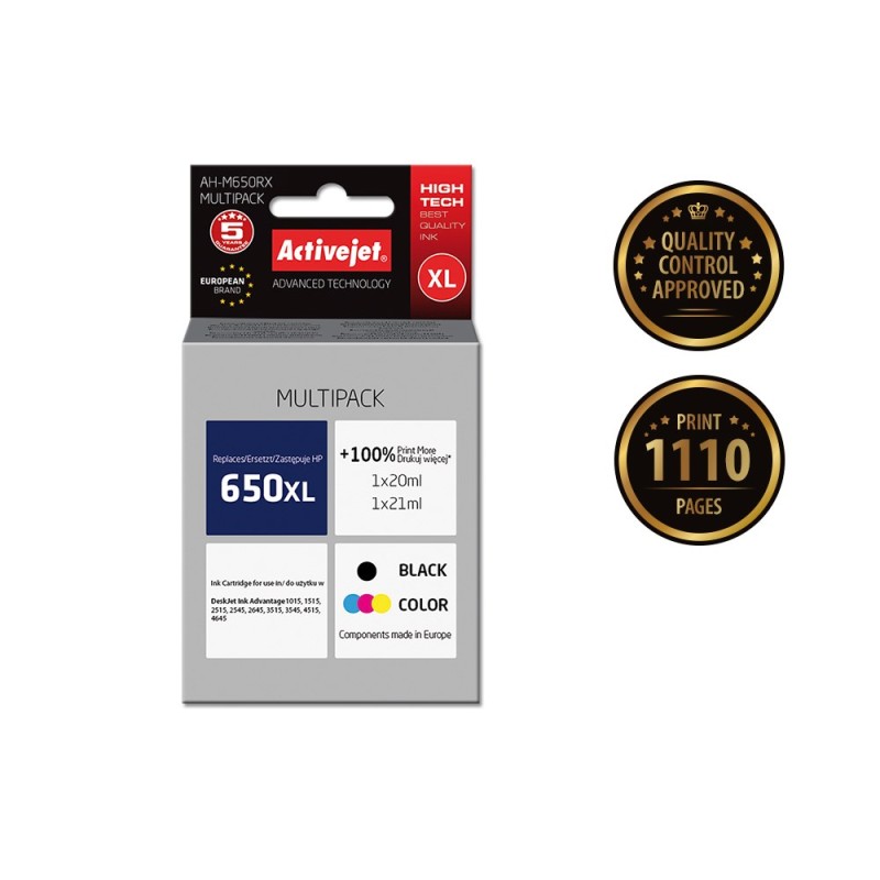 Activejet AH-M650RX Ink cartridge (replacement for HP 650 CZ101AE/CZ102AE; Premium; 1 x 20 ml, 1 x 21 ml; 1110 pages, black, colour) Activejet AH-M650RX Ink cartridge (replacement for HP 650 CZ101AE/CZ102AE; Premium; 1 x 20 ml, 1 x 21 ml; 1110 pages, black, colour)