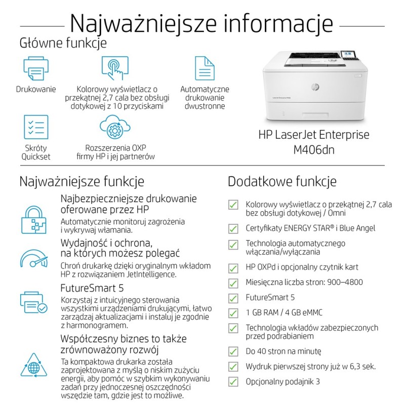 HP LaserJet Enterprise M406dn, Black and white, Printer for Business, Print, Compact Size; Strong Security; Two-sided printing; Energy Efficient; Front-facing USB printing HP LaserJet Enterprise M406dn, Black and white, Printer for Business, Print, Compact Size; Strong Security; Two-sided printing; Energy Efficient; Front-facing USB printing