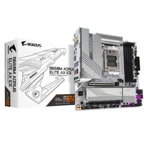 GIGABYTE B650M AORUS ELITE AX ICE Motherboard - AMD Ryzen 9000 Series CPUs, 12+2+2 Phases VRM, up to 8000MHz DDR5 (OC), 1xPCIe 5.0 + 1xPCIe 4.0 M.2, 2.5GbE LAN, WIFI 6E, USB 3.2 Gen 2x2 GIGABYTE B650M AORUS ELITE AX ICE Motherboard - AMD Ryzen 9000 Series CPUs, 12+2+2 Phases VRM, up to 8000MHz DDR5 (OC), 1xPCIe 5.0 + 1xPCIe 4.0 M.2, 2.5GbE LAN, WIFI 6E, USB 3.2 Gen 2x2