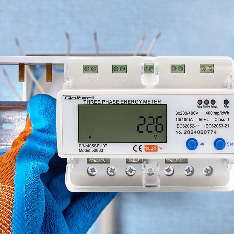 Qoltec 50883 Three phase electronic energy consumption meter for DIN rail | Wi-Fi | TUYA | 400V | LCD Qoltec 50883 Three phase electronic energy consumption meter for DIN rail | Wi-Fi | TUYA | 400V | LCD