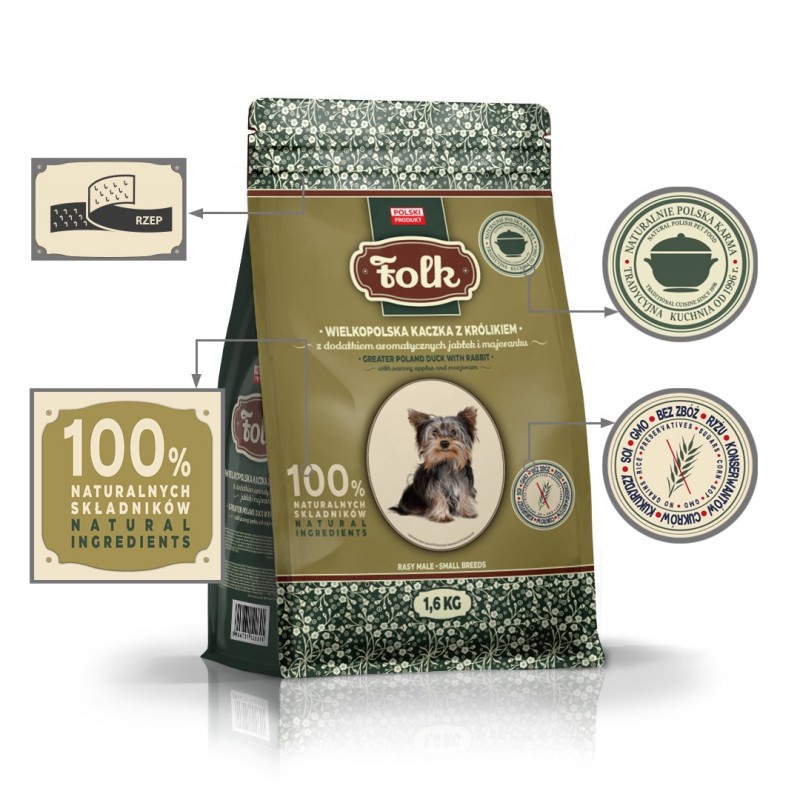 FOLK Small breeds Traditional Greater Poland duck with rabbit, apples and marjoram - dry dog food - 1,6kg