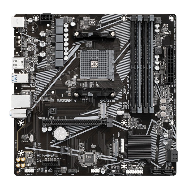 GIGABYTE B550M K Motherboard - AMD Ryzen 5000 CPUs, up to 4733MHz DDR4, 1xPCIe 4.0 + 1xPCIe 3.0 M.2, 1GbE LAN, USB 3.2 Gen 1 GIGABYTE B550M K Motherboard - AMD Ryzen 5000 CPUs, up to 4733MHz DDR4, 1xPCIe 4.0 + 1xPCIe 3.0 M.2, 1GbE LAN, USB 3.2 Gen 1