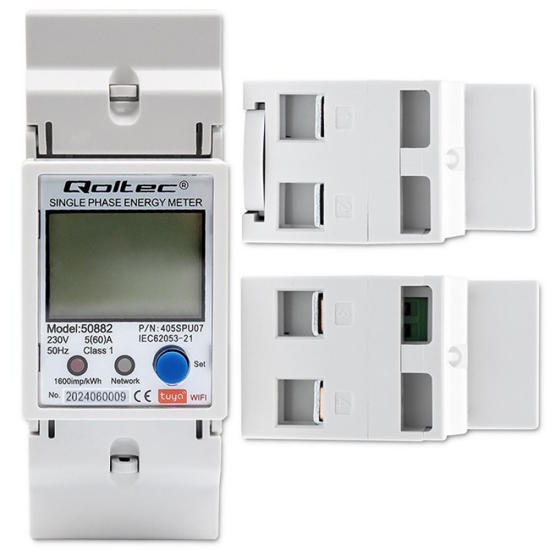 Qoltec 50882 Single phase electronic energy consumption meter for DIN rail | Wi-Fi | TUYA | 230V | LCD Qoltec 50882 Single phase electronic energy consumption meter for DIN rail | Wi-Fi | TUYA | 230V | LCD