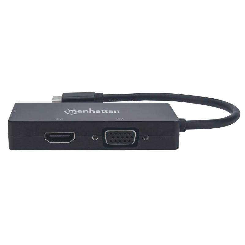 Manhattan USB-C Dock/Hub, Ports (x3): DVI-I, HDMI and VGA Ports, Note: Only One Port can be used at a time, External Power Supply Not Needed, Universal for all devices, Cable 10cm, Black, Three Year Warranty