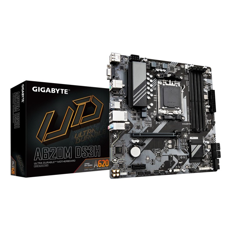 GIGABYTE A620M DS3H Motherboard - Supports AMD Ryzen 8000 CPUs, 5+2+2 Phases Digital VRM, up to 7600MHz DDR5 (OC), 1xPCIe 4.0 M.2, GbE LAN, USB 3.2 Gen 1 GIGABYTE A620M DS3H Motherboard - Supports AMD Ryzen 8000 CPUs, 5+2+2 Phases Digital VRM, up to 7600MHz DDR5 (OC), 1xPCIe 4.0 M.2, GbE LAN, USB 3.2 Gen 1