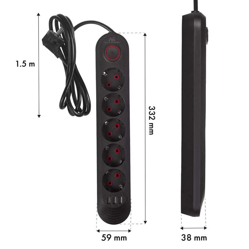 Maclean power strip, 5 socket extension cable + 3xUSB, 110-240V AC 50/60Hz, 2.1A max 2500W, 1.5m, black, MCE395 B Maclean power strip, 5 socket extension cable + 3xUSB, 110-240V AC 50/60Hz, 2.1A max 2500W, 1.5m, black, MCE395 B