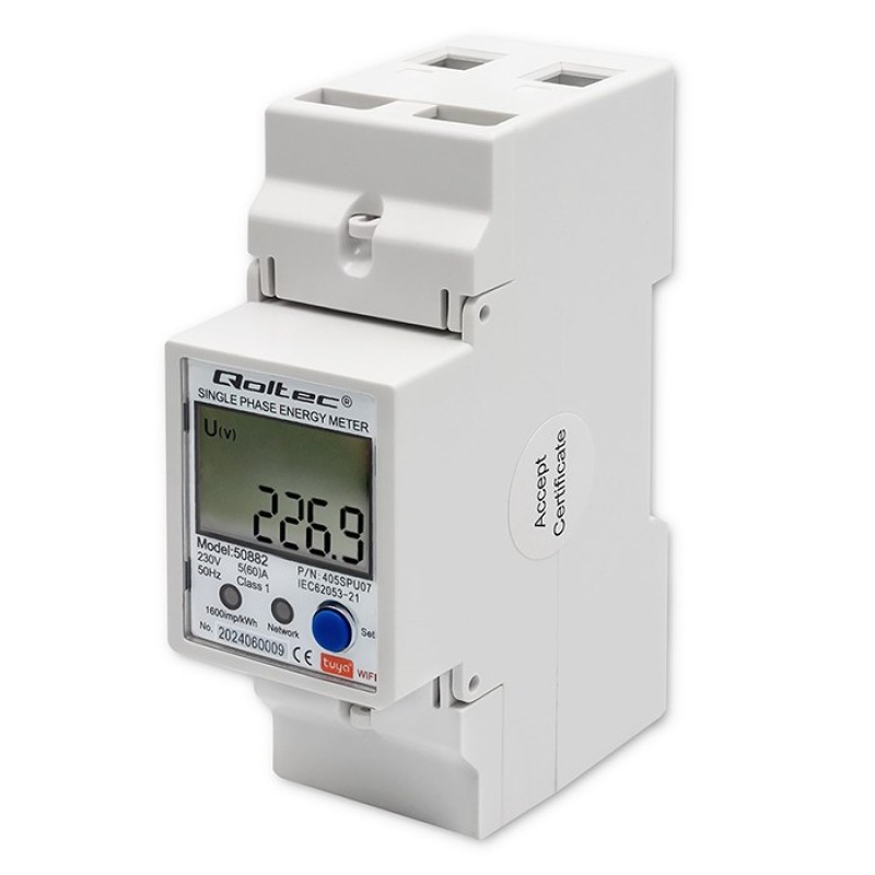 Qoltec 50882 Single phase electronic energy consumption meter for DIN rail | Wi-Fi | TUYA | 230V | LCD Qoltec 50882 Single phase electronic energy consumption meter for DIN rail | Wi-Fi | TUYA | 230V | LCD