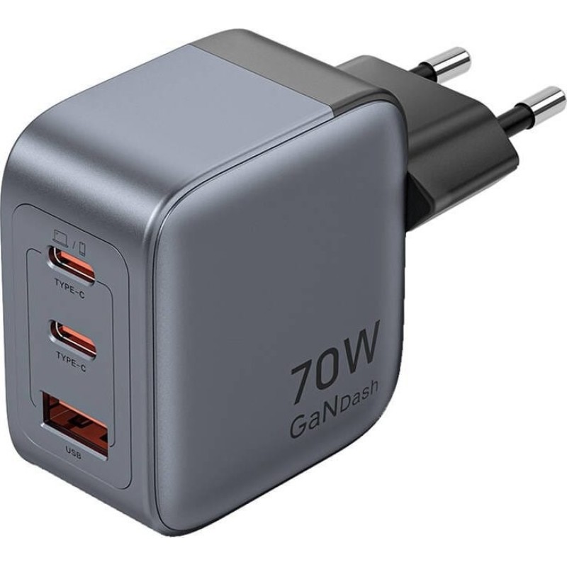 Vention 70W GaN PD Charger 1x USB-A 2x USB-C BK