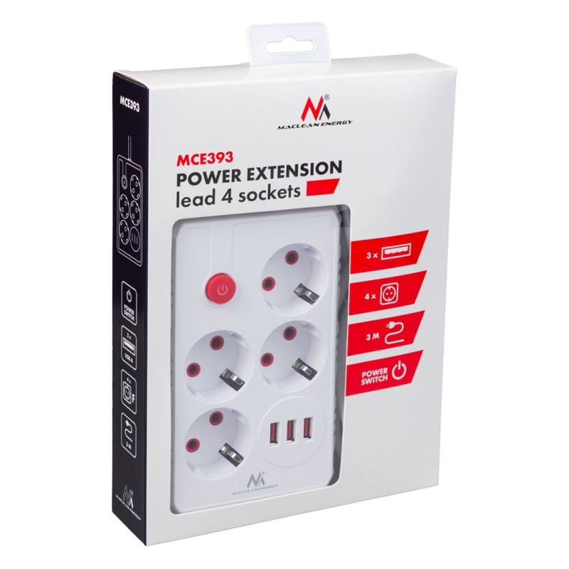 Maclean power strip, 4-socket extension cable + 3xUSB, 110-240V AC 50/60Hz, 2.1A max 2500W, 3m, white, MCE393 W