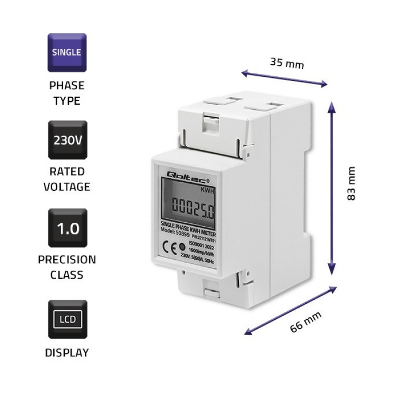 Qoltec 50899 Single phase electronic energy consumption meter | 230 V | LCD | 2P | DIN rail Qoltec 50899 Single phase electronic energy consumption meter | 230 V | LCD | 2P | DIN rail