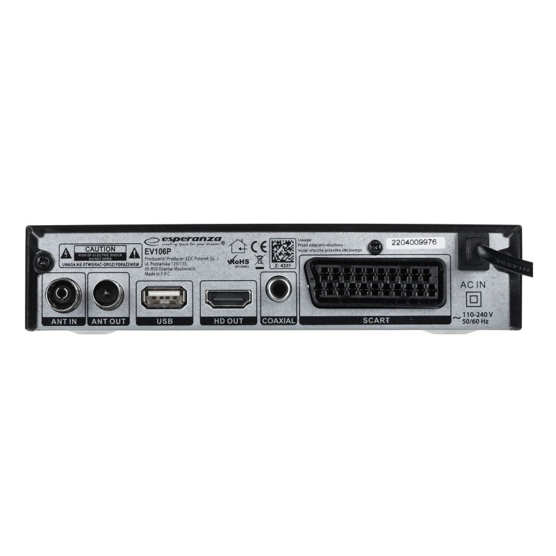 Esperanza EV106P Digital DVB-T2 H.265/HEVC tuner, Black Esperanza EV106P Digital DVB-T2 H.265/HEVC tuner, Black