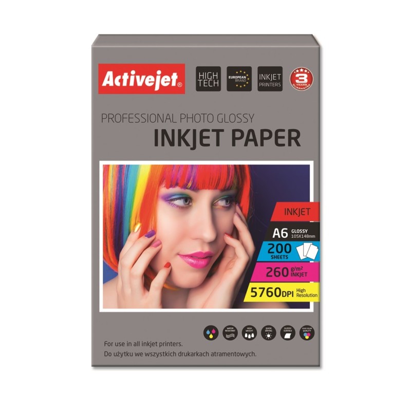 Activejet AP6-260GR200 photo paper for ink printers; A6; 200 pcs; 10x15, idealny do wydrukowania zdjęcia, kolorowego wspomnienia