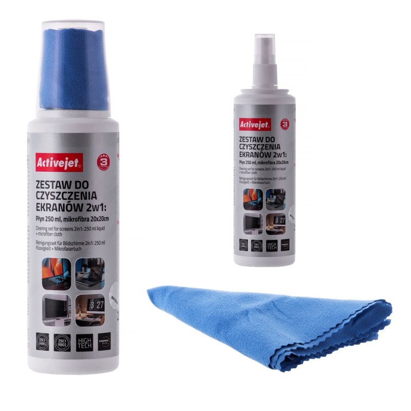 Activejet AOC-269 Liquid, Screen cleaning kit 2in1 250 ml, 20x20 cm, Screen cleaner, plastic cleaner and microfiber cleaning cloth 20x20 cm Activejet AOC-269 Liquid, Screen cleaning kit 2in1 250 ml, 20x20 cm, Screen cleaner, plastic cleaner and microfiber cleaning cloth 20x20 cm